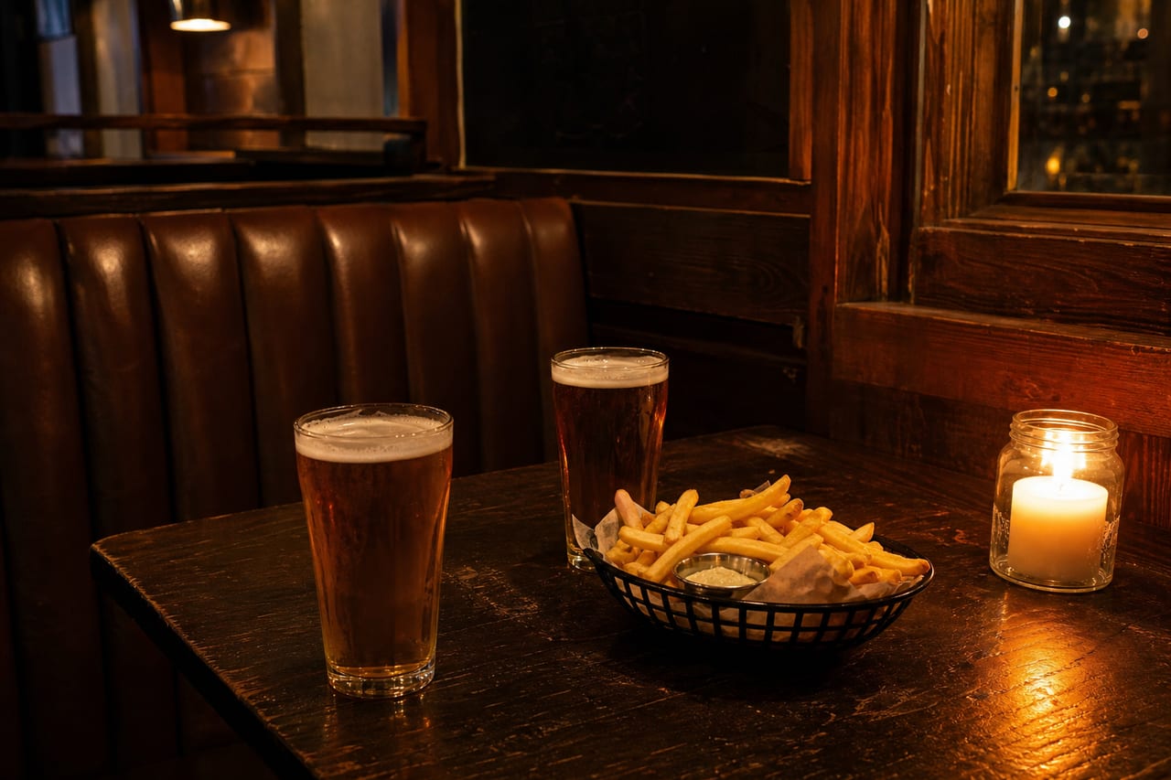 A candlelit booth with pints and fries