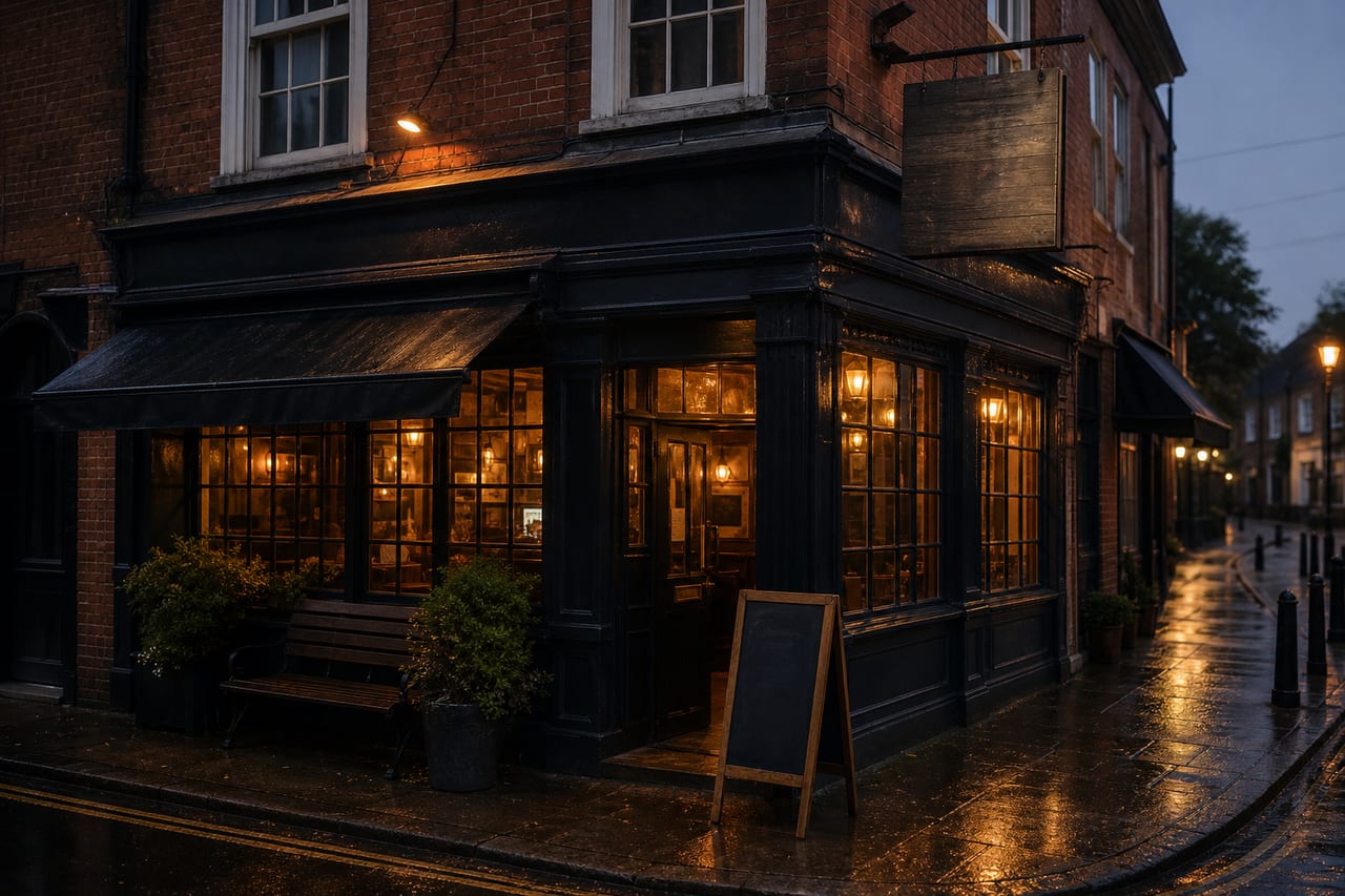 Kelly's Pub exterior on a rainy evening