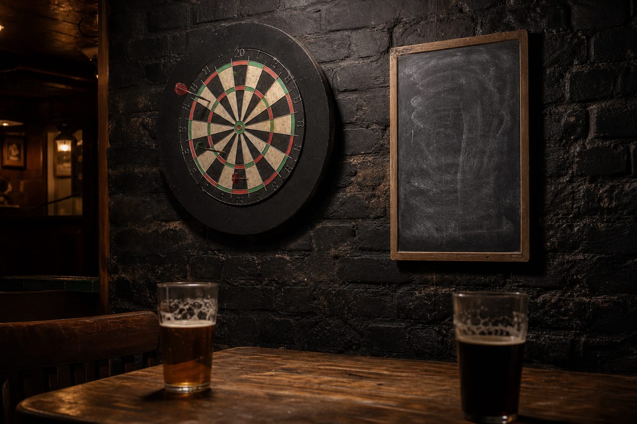 Dartboard above a pub table with pints